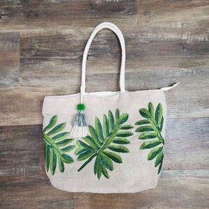Palm Tree Embroidered & Beaded Zipper Tote Bag